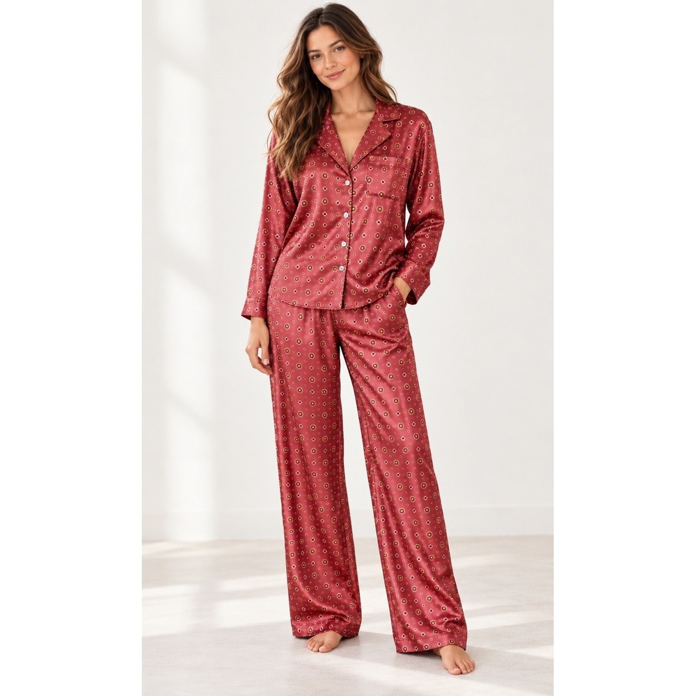 LOFT Satin Pajama Set Women Small Pink Geometric Floral 2 Piece Loungewear
